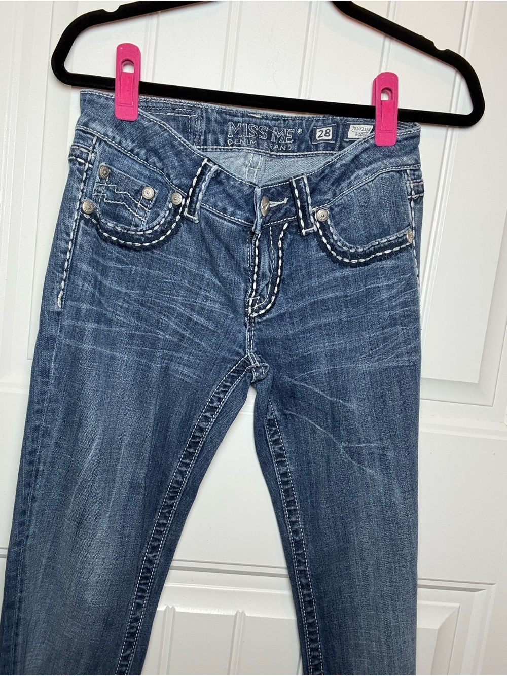 Miss Me Women's Blue Boot Cut Jeans with White Contrast Stitching